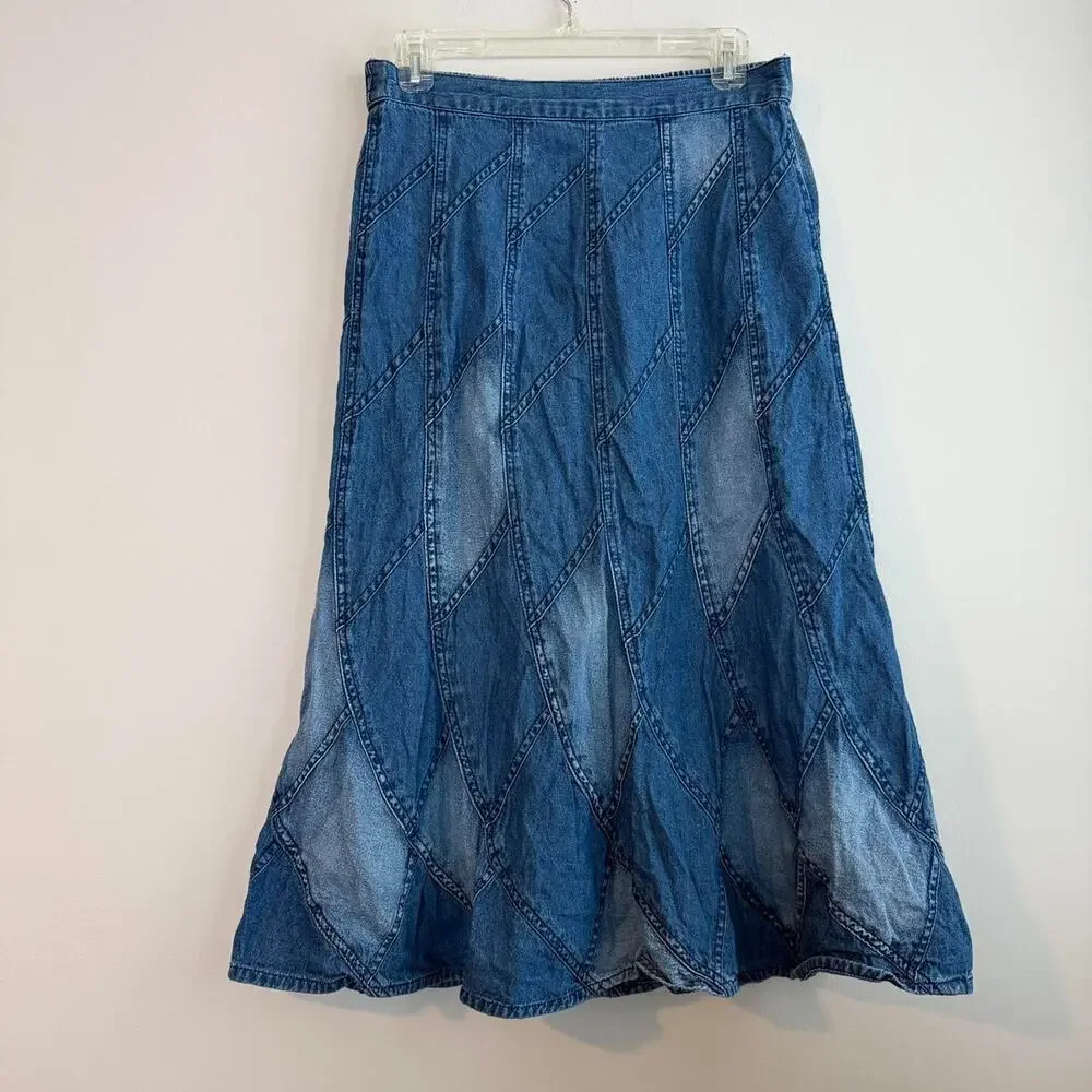 Blue denim patchwork diamond midi skirt with half elastic waistband - Picture 1 of 3
